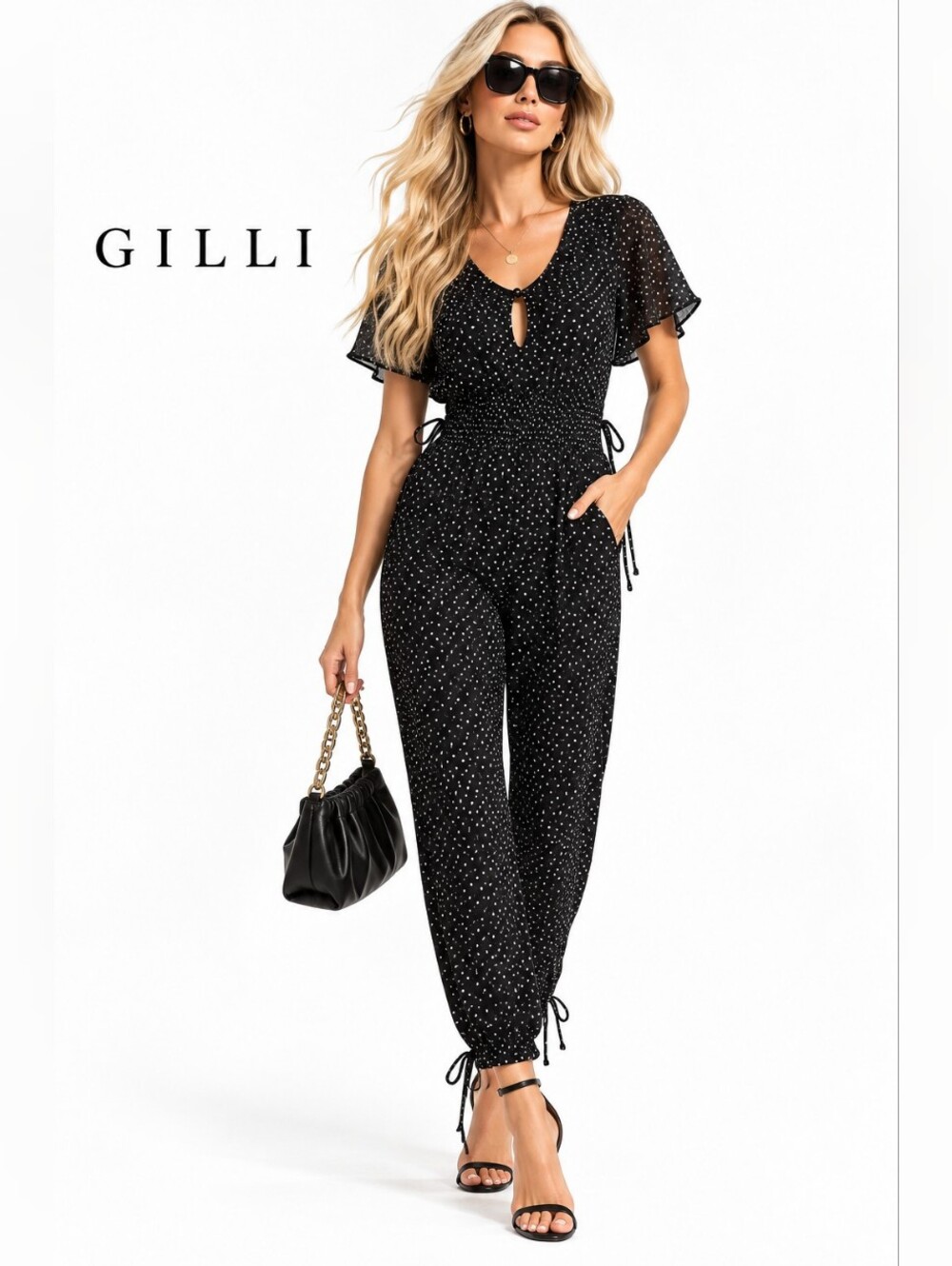 Gilli Black White Polka Dot Jogger Jumpsuit Ruched Ankle Size Small